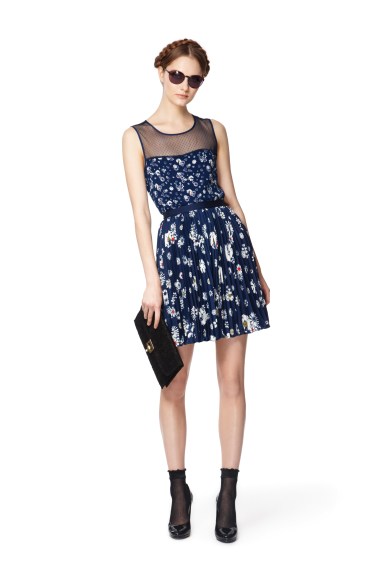 Sleeveless Top with Sheer Panel in Navy Floral $26.99 Pleated Skirt in Navy Floral $29.99 Clutch in Black $29.99