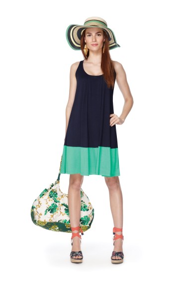Colorblock Tank Dress in Navy/Green, $29.99 Also available in plus and petite at Target.com Wedge Sandals in Palm Print, $29.99 Target.com exclusive Tote in Wall Paper Floral Print, $29.99 Striped Hat in Navy, $19.99 Sand Dollar Chandelier Earrings in Gold, $14.99