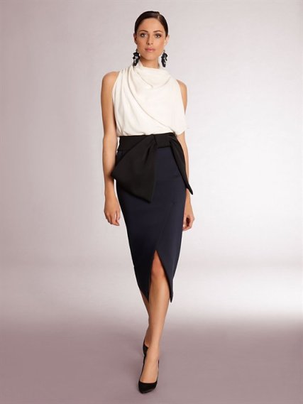 Donna Karan - Asymmetric Cowl Blouse $1095, Pull On Slit Skirt $995, Large Bow Belt $350
