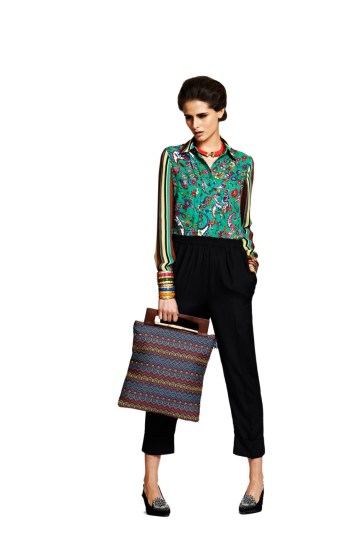 Duro Olowu for JCP - Paisley Stripe Blouse $30 In Stores & Online at jcp.com  Black Cuffed Pant $35 In Stores & Online at jcp.com  Horn Necklace $25 In Stores & Online at jcp.com  Enamel Cuff $15 In Stores & Online at jcp.com  Iris Wood Frame Clutch $50 In Stores & Online at jcp.com  Embellished Satin Heel $50 Online at jcp.com 