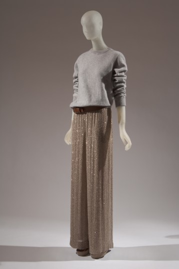 MICHAEL KORS, cashmere sweatshirt, hemp crystal beaded pajama pant, leather belt, and platform sandal, spring 2011, USA, Photograph MFIT / CFDA