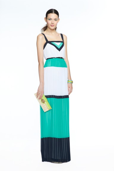 Banana Republic Milly Collection Blue/White Colorblock Pleated Maxi Dress, $175.00 Lime Patent Wicker Clutch, $120.00 Pool Green Enamel Lock Bangle, $39.50 Lime Baguette Bangle, $29.50