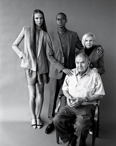 Valentijn (on left) wears Giorgio Armani. Ryley (center) wears Armani Collezioni. Leonard and Gloria wear their own clothes. Photo © Bruce Weber.