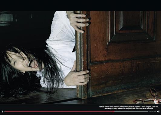 Vogue Italia "Horror Movie" - Cotton dress without sleeves, Philipp Plein, poplin blouse with lace and broderie anglaise, Lynn Ban. 