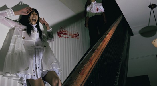 Vogue Italia "Horror Movie" - Issa Lish @ Muse NYC. lined nylon trench coat with point d'esprit, RED Valentino, broderie anglaise lace dress with pleated skirt, Alberta Ferretti. For him: Gap shirt, Prada pants. 