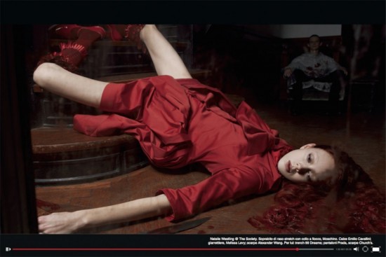 Vogue Italia "Horror Movie" - Natalie ￼ Westling @ The Society. Full-length jacket with stretch satin neck bow, Moschino. Hosiery Emilio Cavallini, garters, Melissa Levy, Alexander Wang shoes. For him: Dreams trench 99; Prada trousers, Church's shoes. 