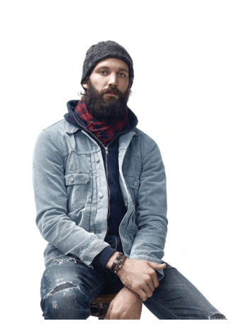 Scout Jacket in Scotia Navigator Hoodie in Navy Core Denim in Liberty