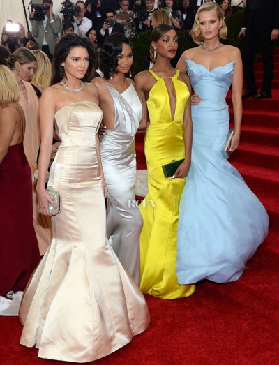 Topshop Met Gala Gowns (L-R) Kendall Jenner, Chanel Iman, Jourdan Dunn and Toni Garn
